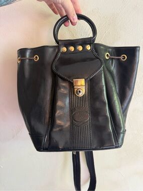 Vintage Orient Vera Pelle Made in Spain Black Leather Top Handle Bucket Bag